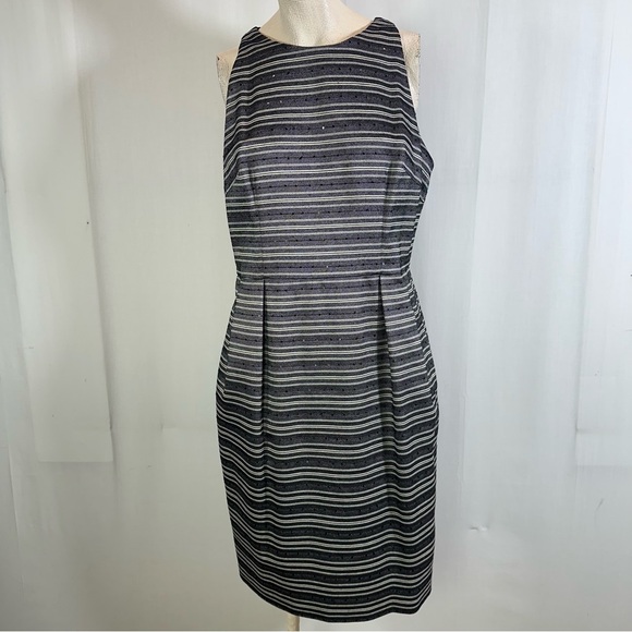 Carmen Marc Valvo Black and Gray Striped Midi Dress sequence embellishment Sz 10 - Picture 1 of 14